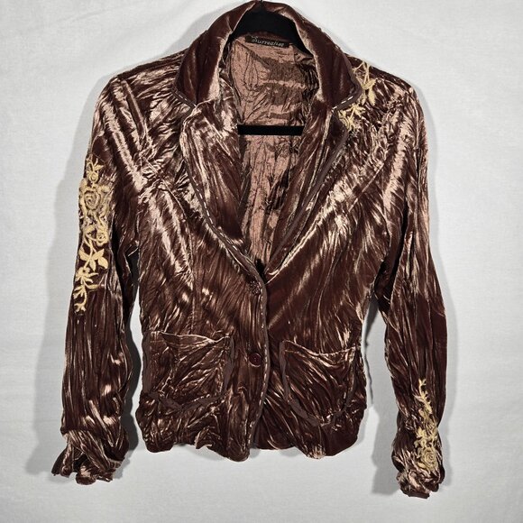Vintage SURREALIST Steampunk Y2K Jackets & Blazers - Vintage SURREALIST Steampunk Y2K Crinkled Velvet Embroidery Brown Jacket Size 2.